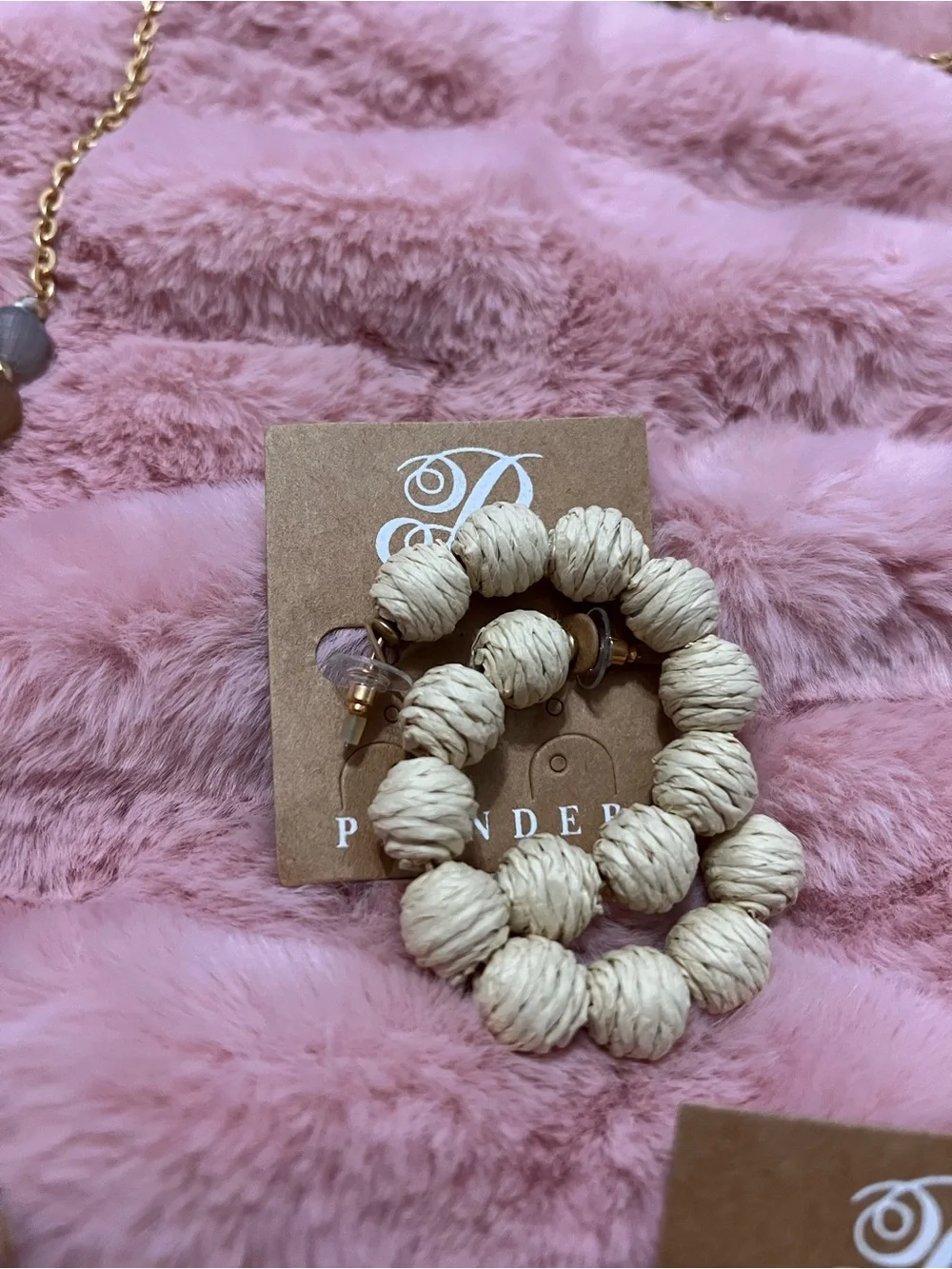 Plunder Natural Cream Raffia Bead Hoop Earrings with Gold Posts